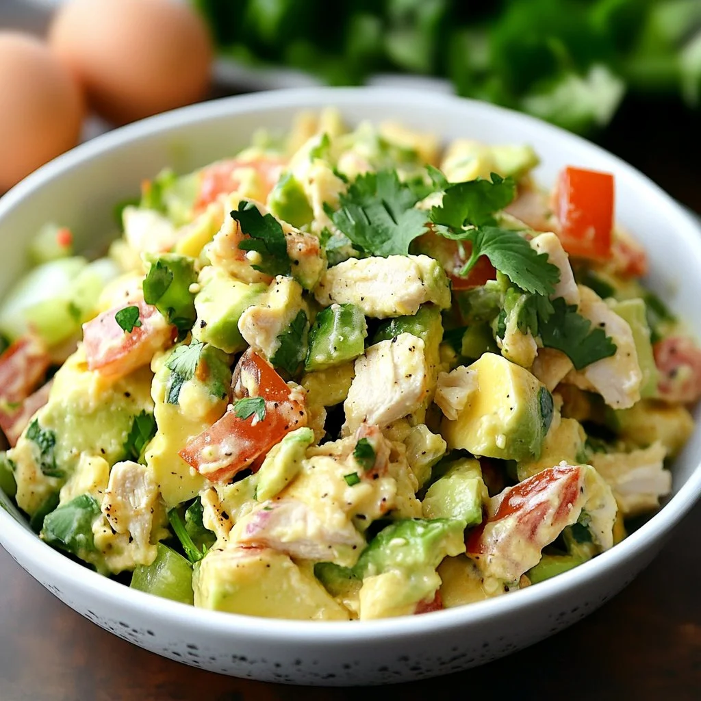 Avocado Chicken Egg Salad served in a bowl with fresh ingredients