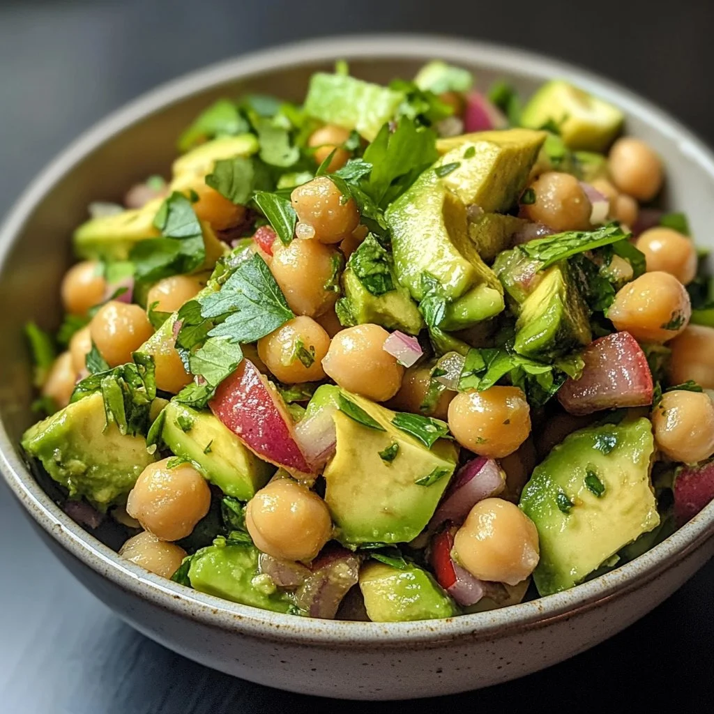 Delicious bowl of Avocado Chickpea Salad with fresh vegetables and herbs