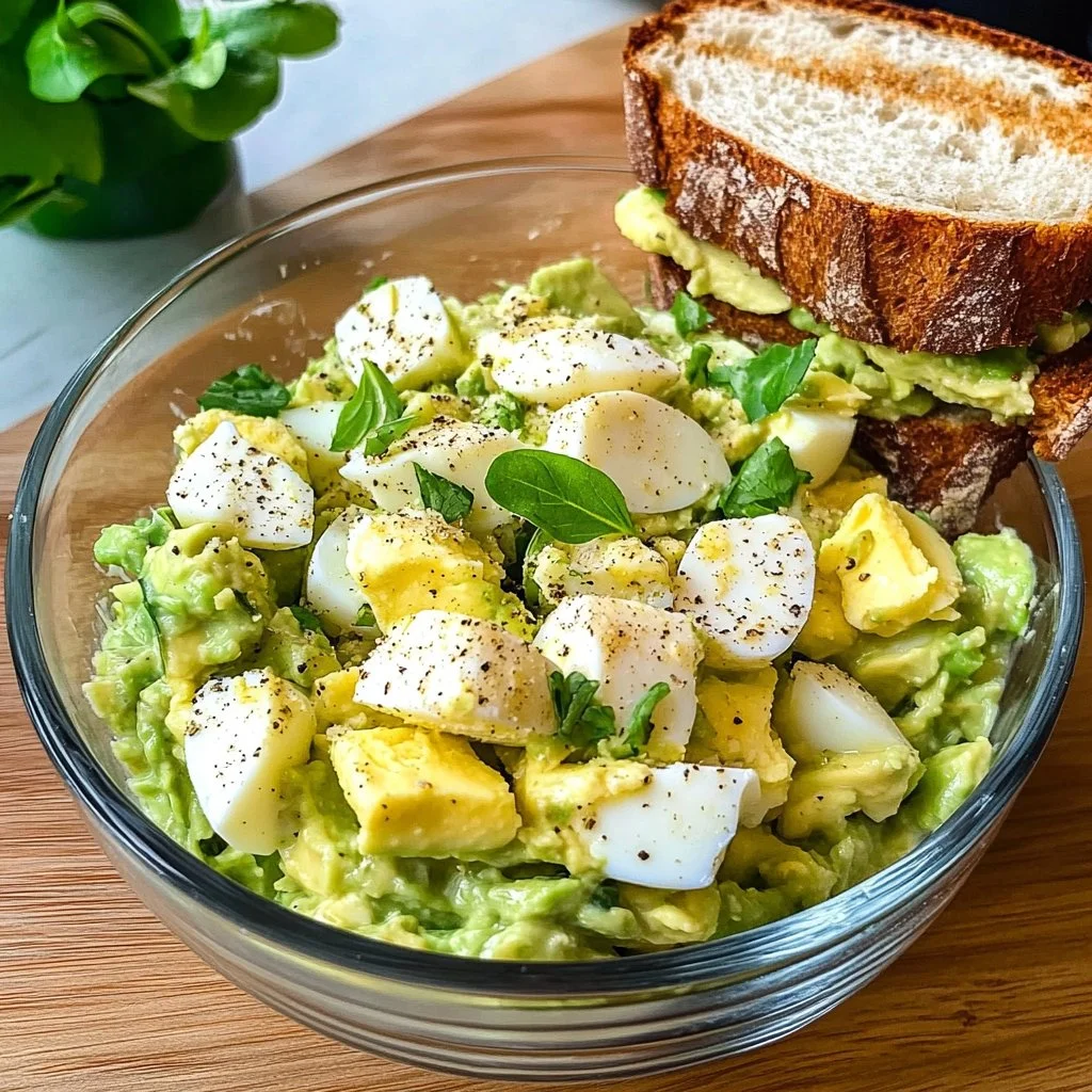 A bowl of creamy avocado egg salad with herbs and spices