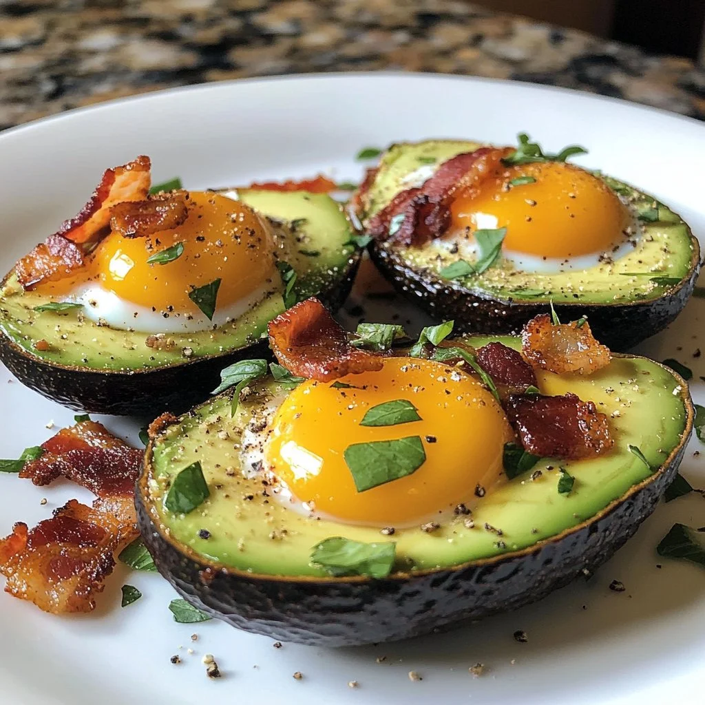 Delicious Avocado Eggs topped with crispy bacon and melted cheese