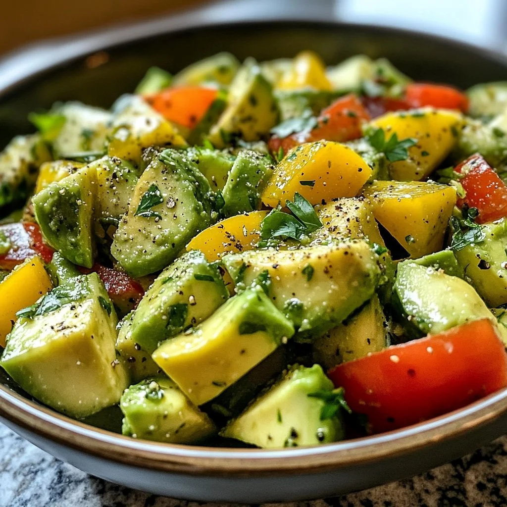 Freshly prepared avocado salad with colorful vegetables and dressing