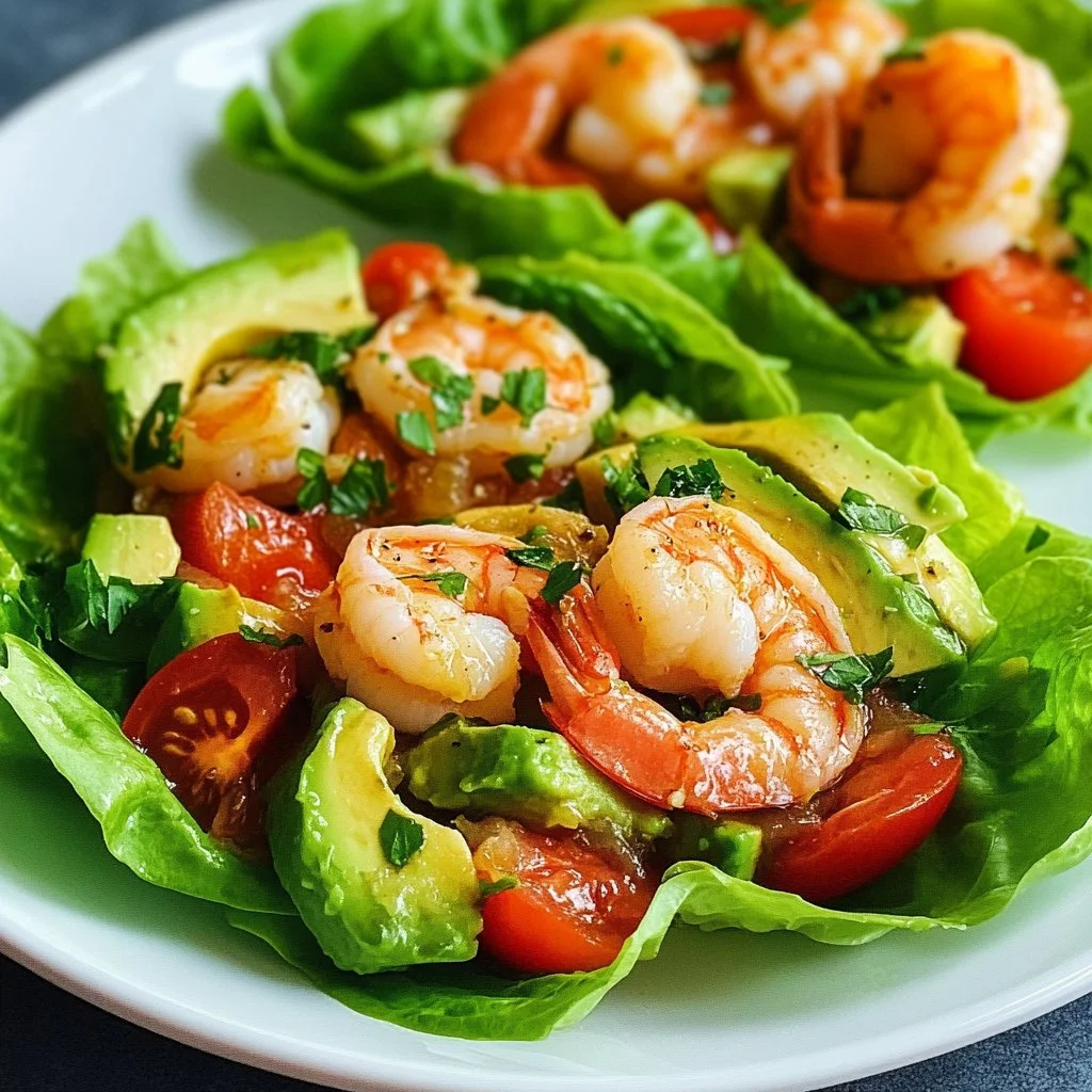 Avocado and shrimp lettuce wraps on a plate, garnished and ready to serve.