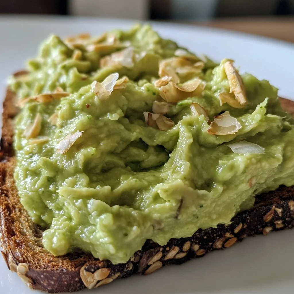 Creamy avocado spread on toast topped with herbs and spices