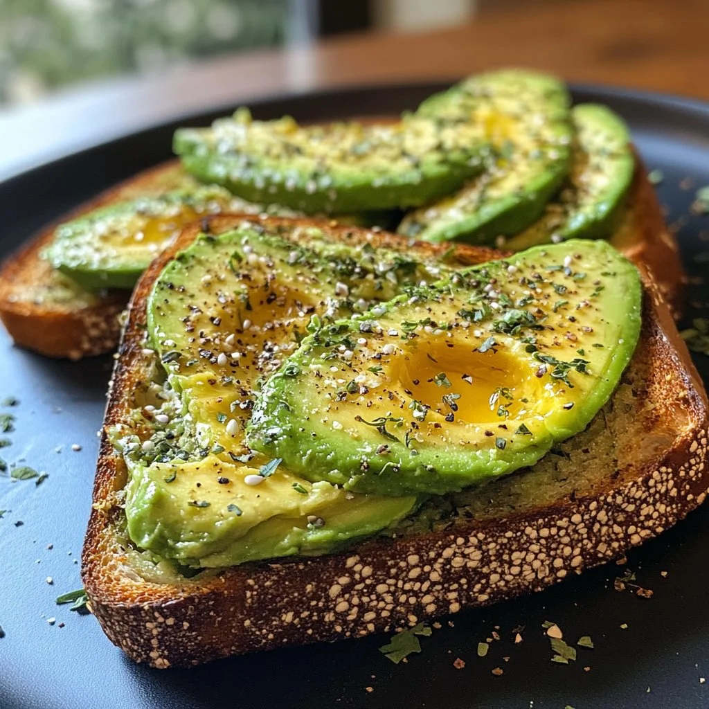 Delicious avocado toast topped with cherry tomatoes and herbs on a plate