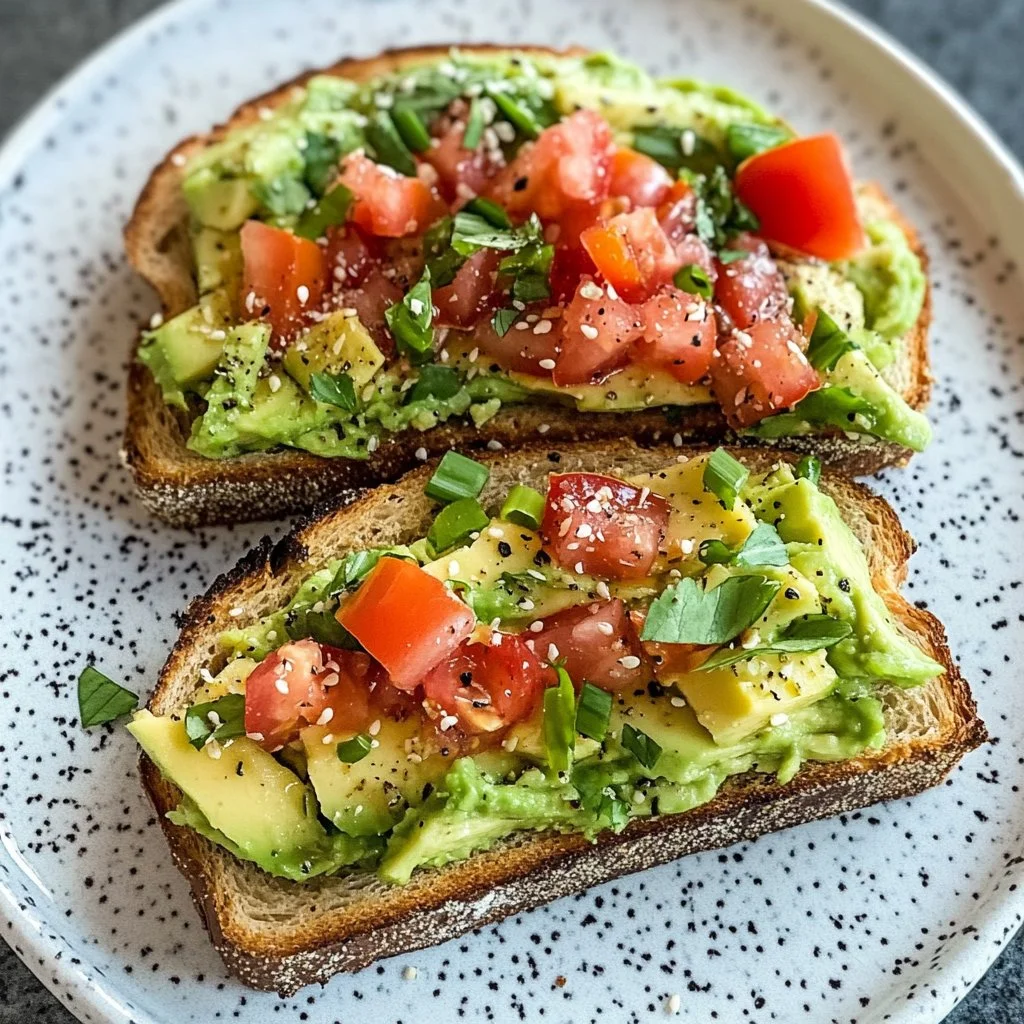Delicious avocado toast topped with sliced tomatoes and microgreens on a wooden board