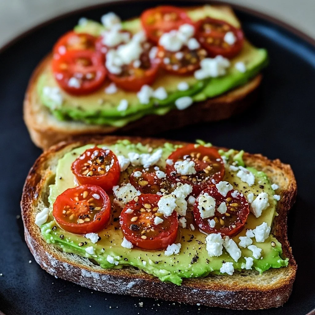 Avocado toast topped with feta and cherry tomatoes on a rustic wooden plate