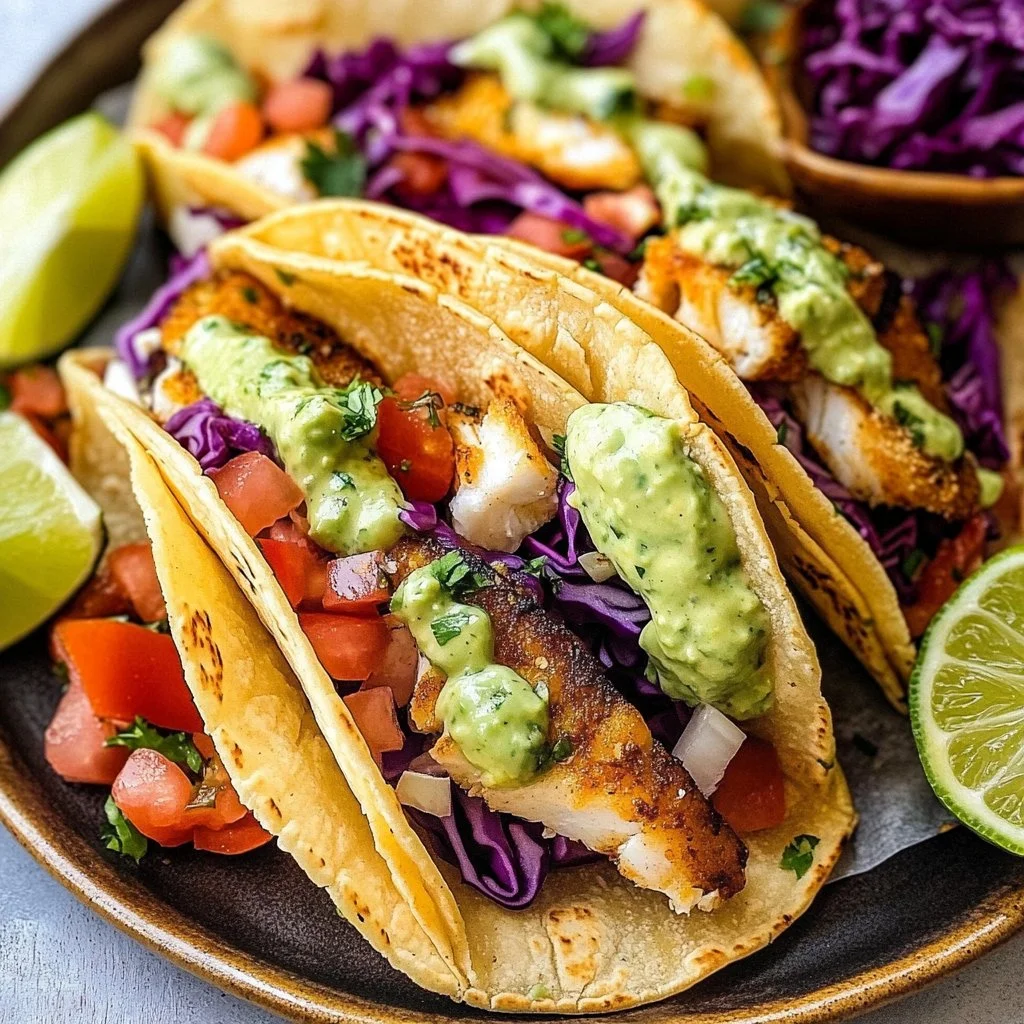 Delicious Baja fish tacos topped with fresh ingredients and served in a tortilla
