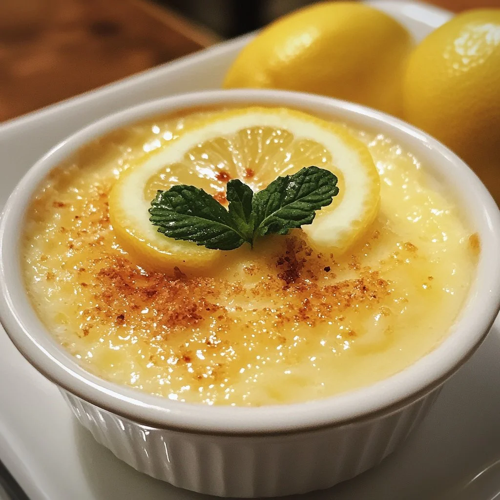 Delicious baked lemon pudding topped with a creamy layer