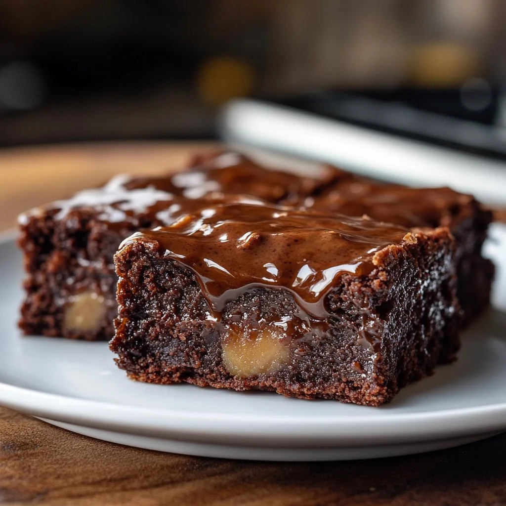 Delicious banana bread brownies topped with chocolate chips on a wooden table.