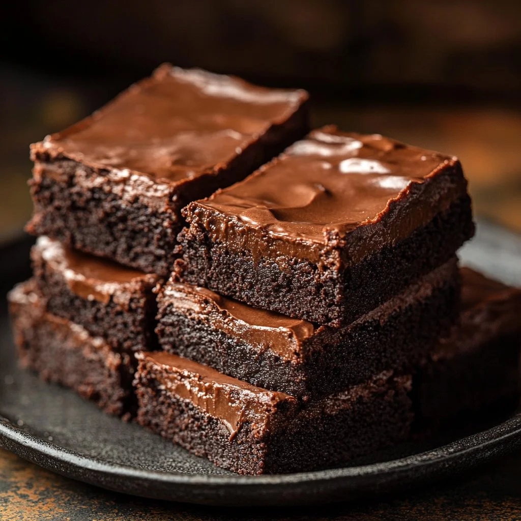 Delicious banana bread brownies served on a plate with chocolate drizzle.