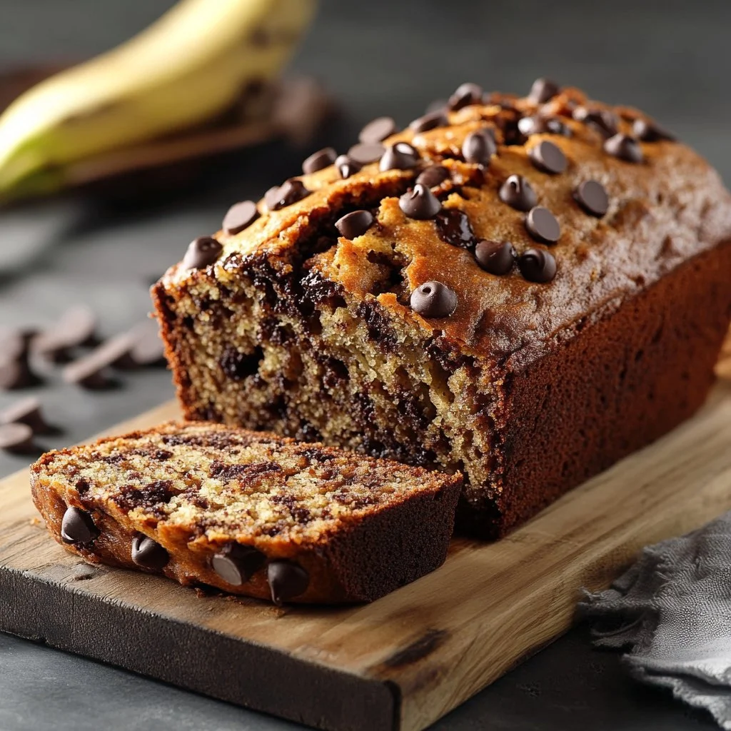 Delicious banana bread with chocolate chips on a wooden table