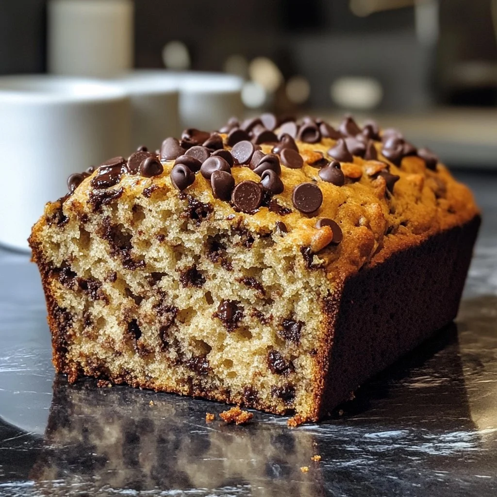 Freshly baked banana chocolate chip bread with chocolate chunks and ripe bananas