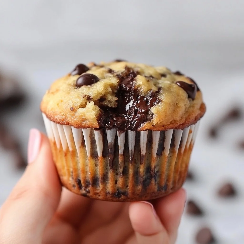 Freshly baked Banana Chocolate Chip Muffins with chocolate chips.