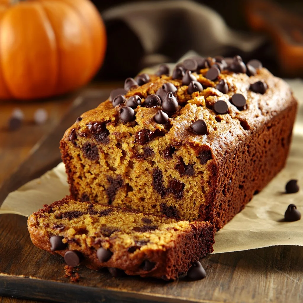 Delicious slice of Banana Chocolate Chip Pumpkin Bread on a wooden table