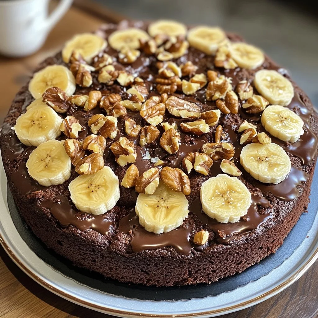 Slice of moist Banana Walnut Chocolate Cake with chocolate frosting and walnuts