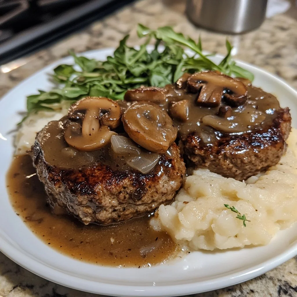 Delicious Salisbury steak with rich mushroom-onion gravy served on a plate.