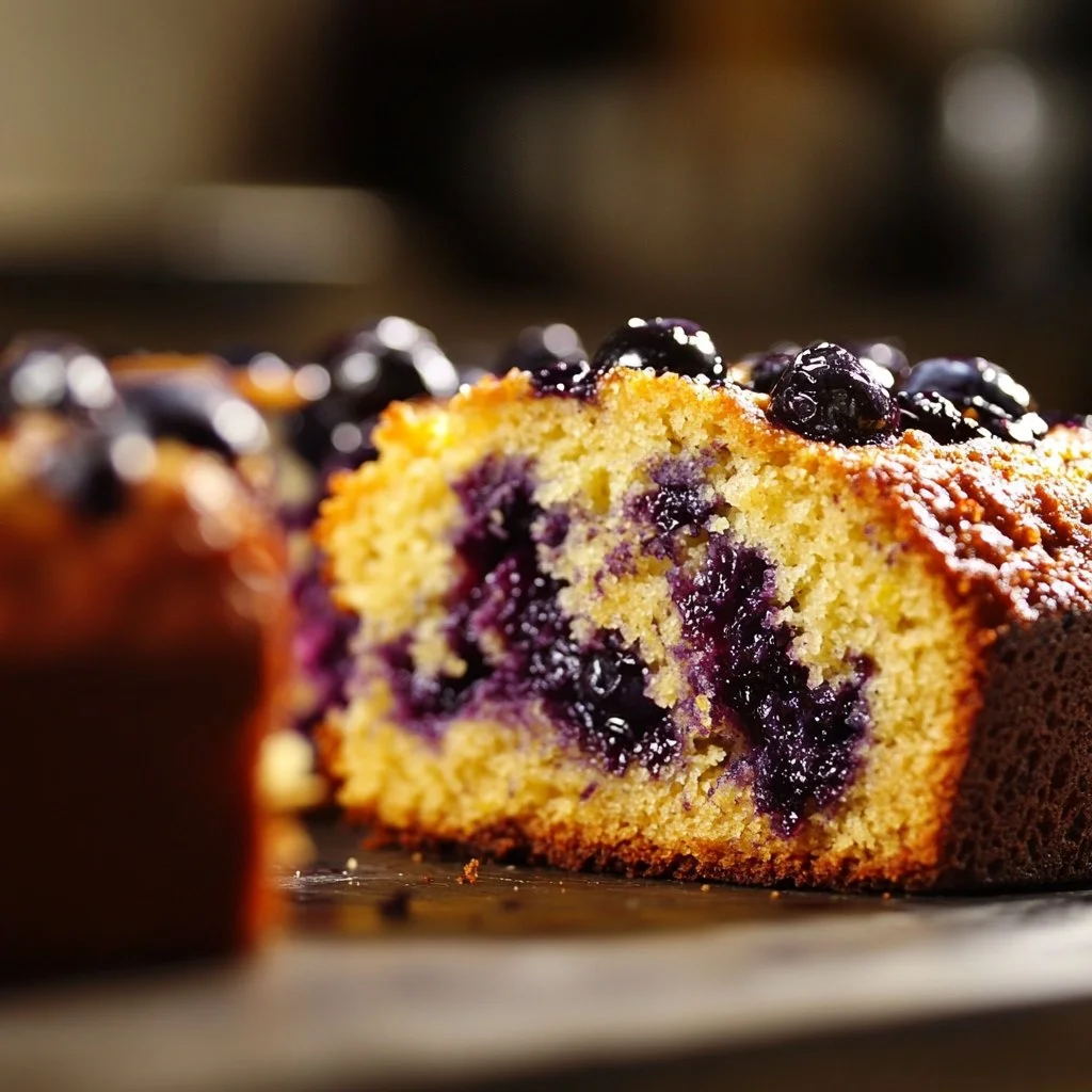 Slice of Blueberry Lemon Loaf with blueberries and lemon zest on a wooden table.