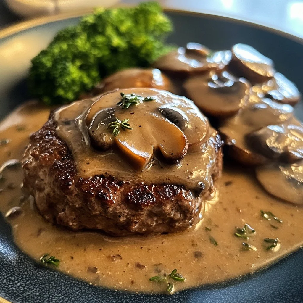 Bobby Flay's Salisbury steak served with rich mushroom gravy
