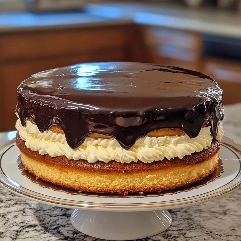 Slice of Boston Cream Poke Cake topped with chocolate and cream filling