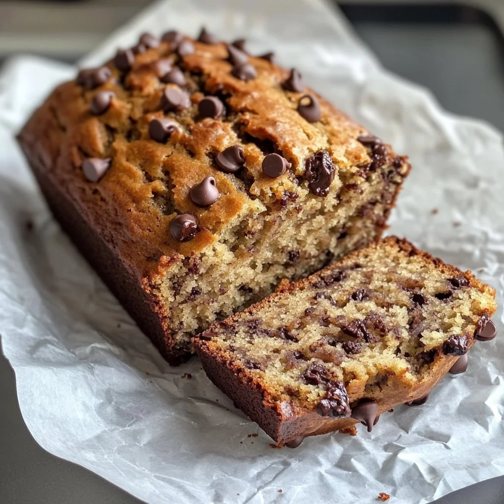 Sliced brown butter chocolate chip banana bread on a wooden cutting board