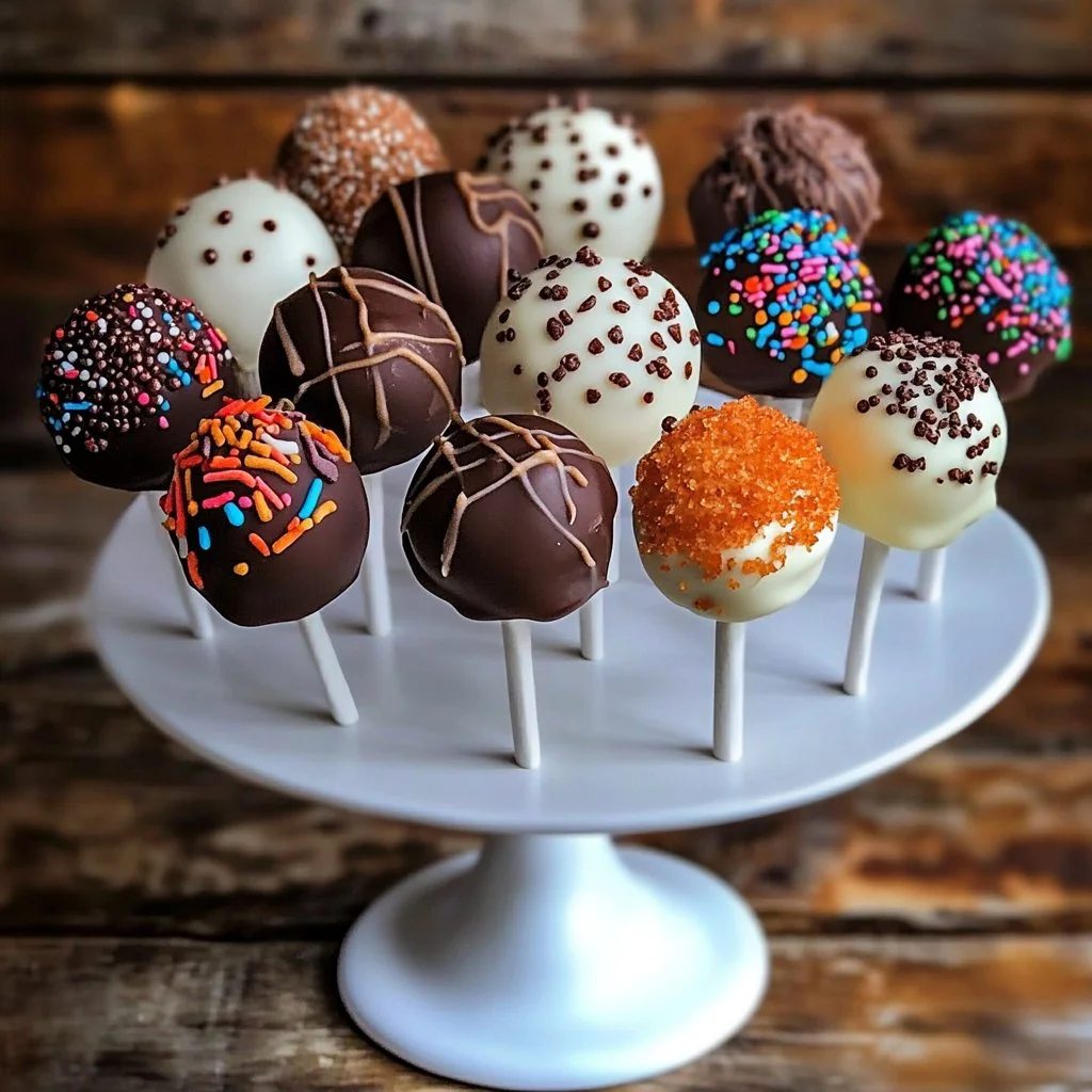 Colorful cake pops displayed on a decorative stand at a party