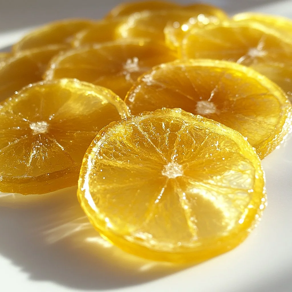 Homemade candied lemon slices arranged on a wooden surface with sugar.