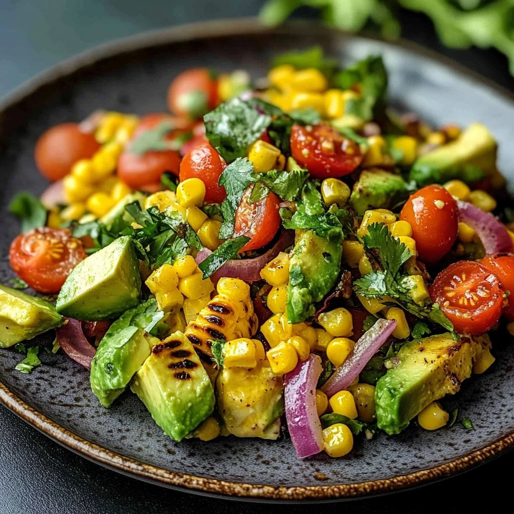 Delicious charred corn avocado salad with roasted red onions served in a bowl.