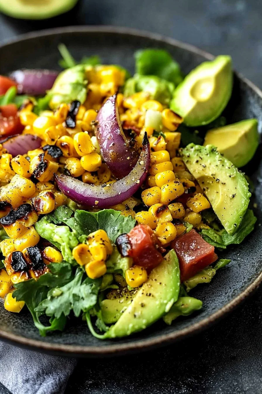 Charred Corn Avocado Salad with Roasted Red Onions