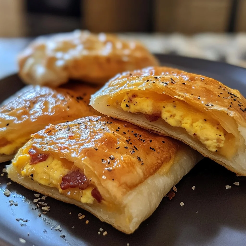 Cheesy egg and bacon breakfast pockets ready to be enjoyed.