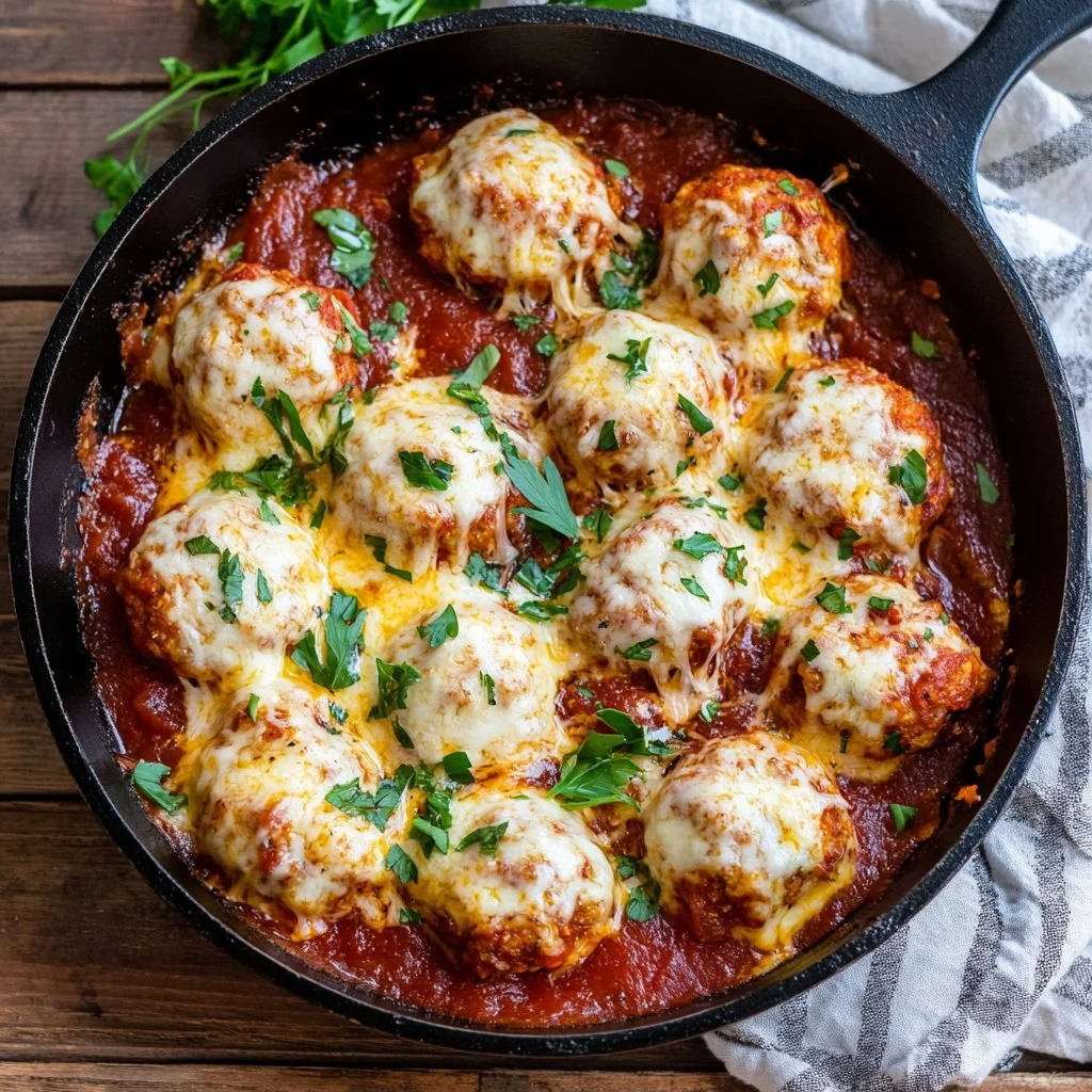Chicken Parmesan Meatballs served with marinara sauce and melted cheese.