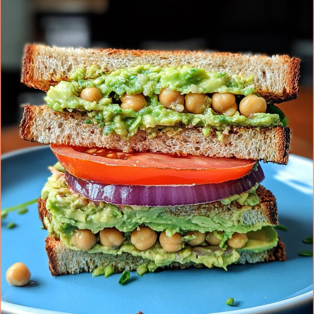 Chickpea avocado sandwich with fresh ingredients on a wooden table