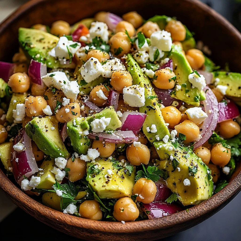 Chickpea Feta Avocado Salad served in a bowl with vibrant vegetables