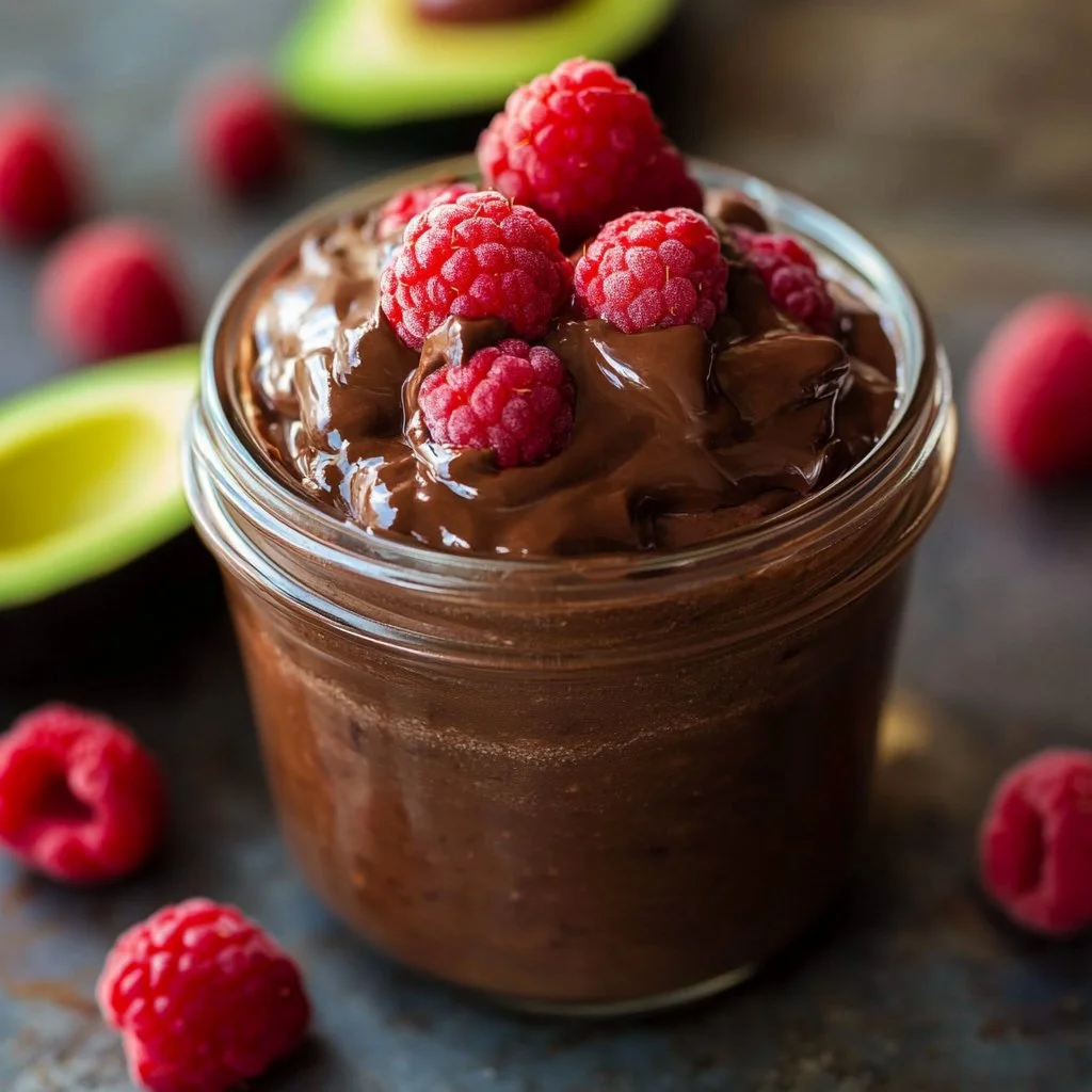 Creamy chocolate avocado pudding served in a bowl topped with berries