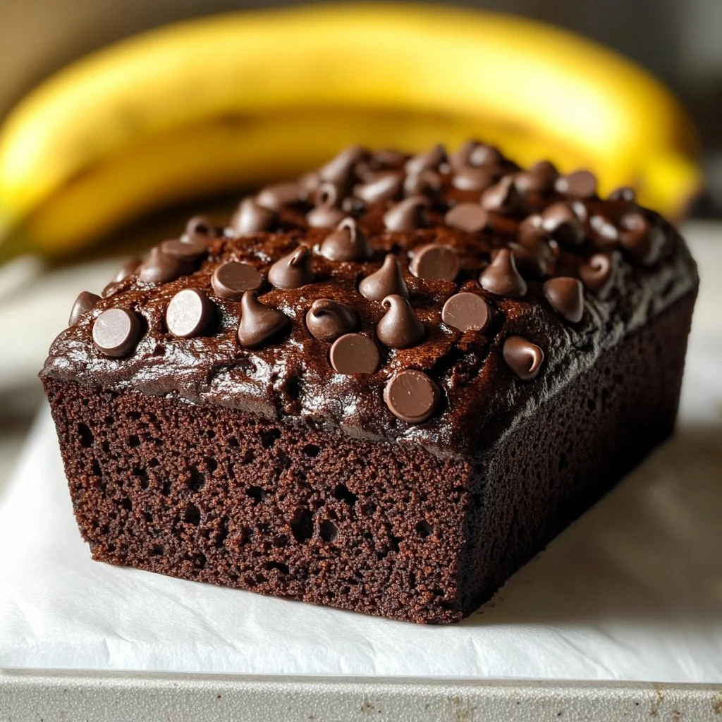A loaf of homemade chocolate banana bread with slices cut on a wooden board.