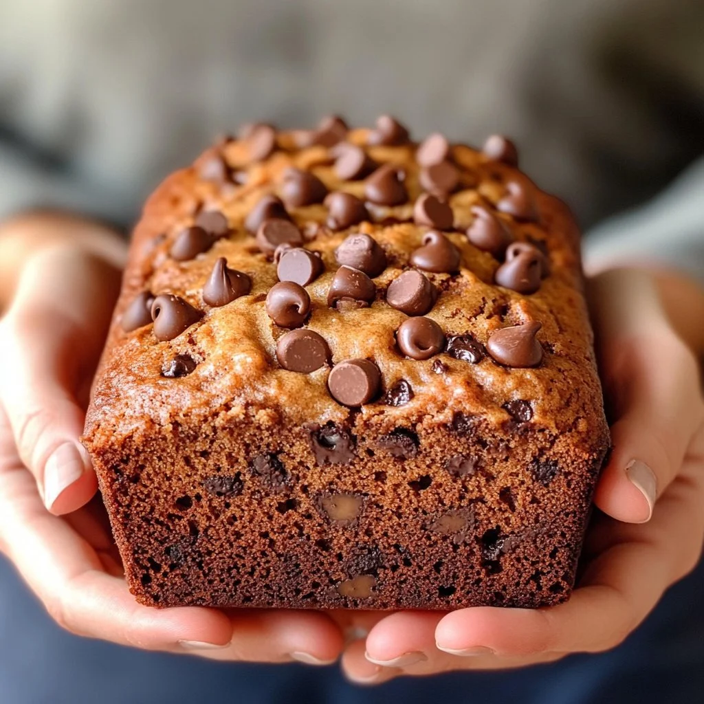 Sliced chocolate chip banana bread on a wooden table