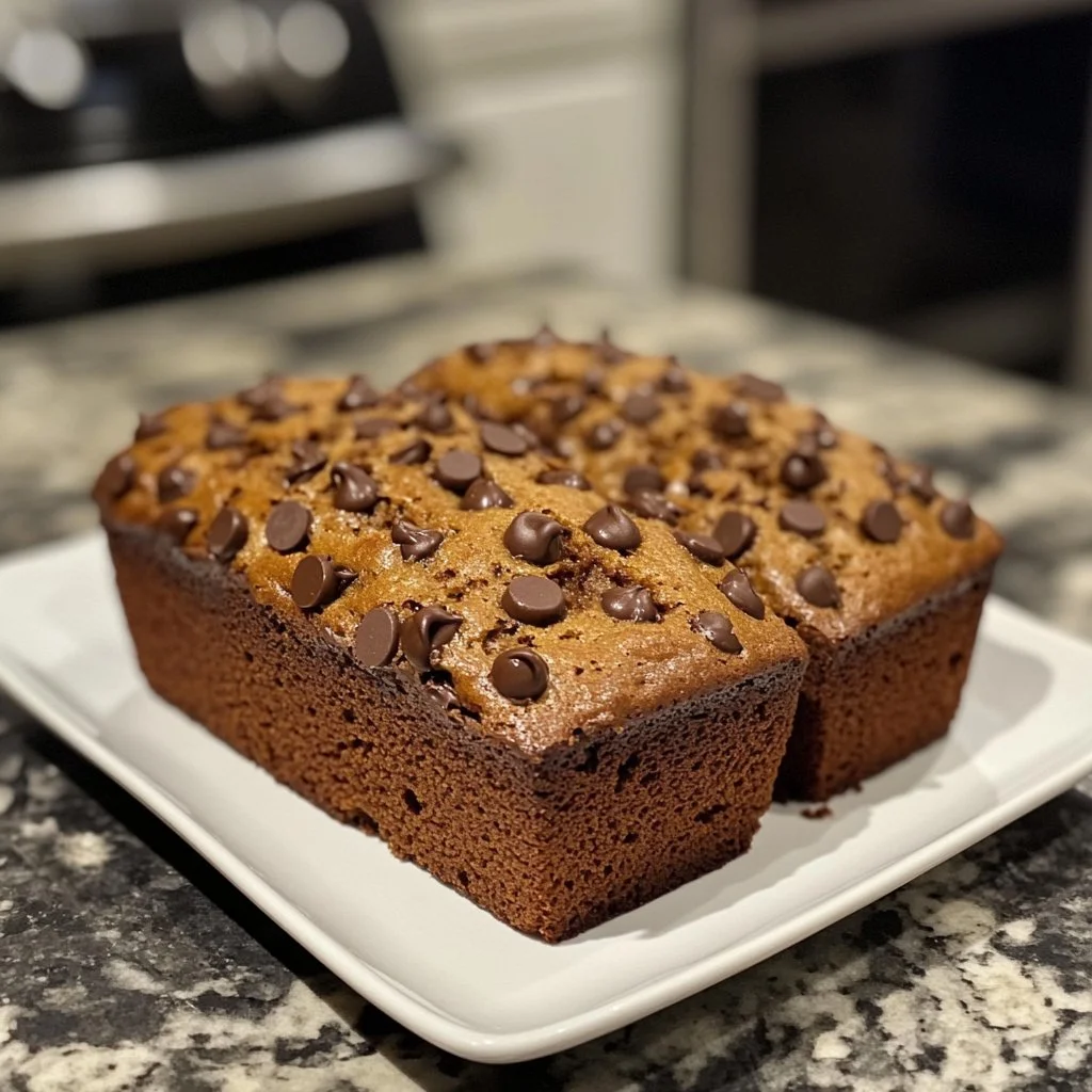 Delicious slice of chocolate chip banana bread on a wooden table.