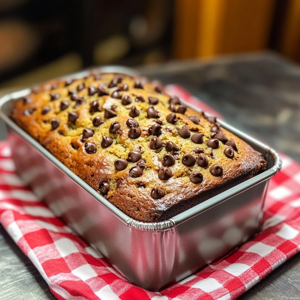 Slices of moist chocolate chip banana bread on a wooden board