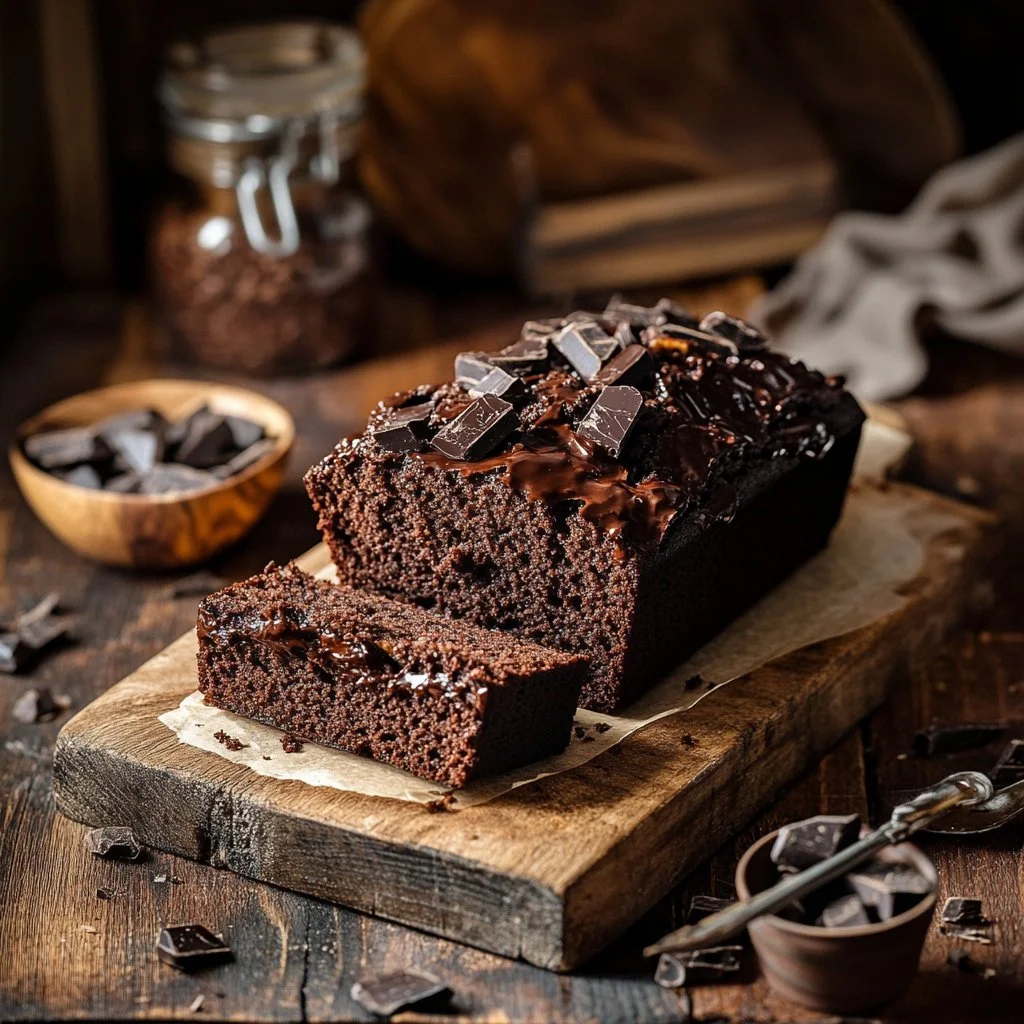 Loaf of Chocolate Espresso Banana Bread with chocolate chips and coffee beans