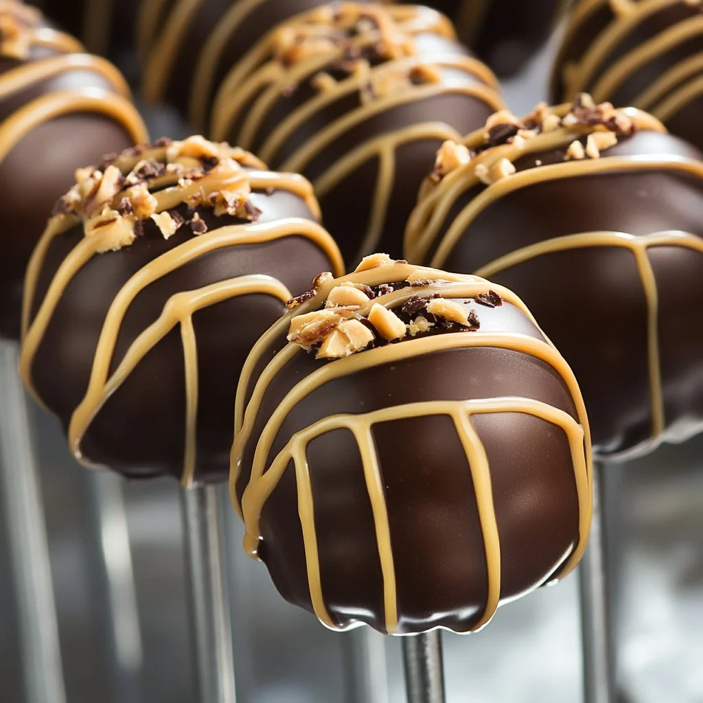 Chocolate peanut butter cake pops decorated with sprinkles and ready to serve.