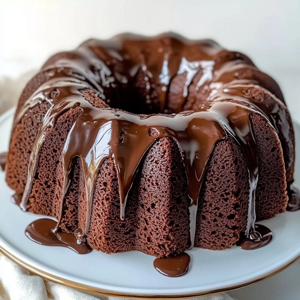 Delicious chocolate sour cream bundt cake on a white plate with chocolate drizzle