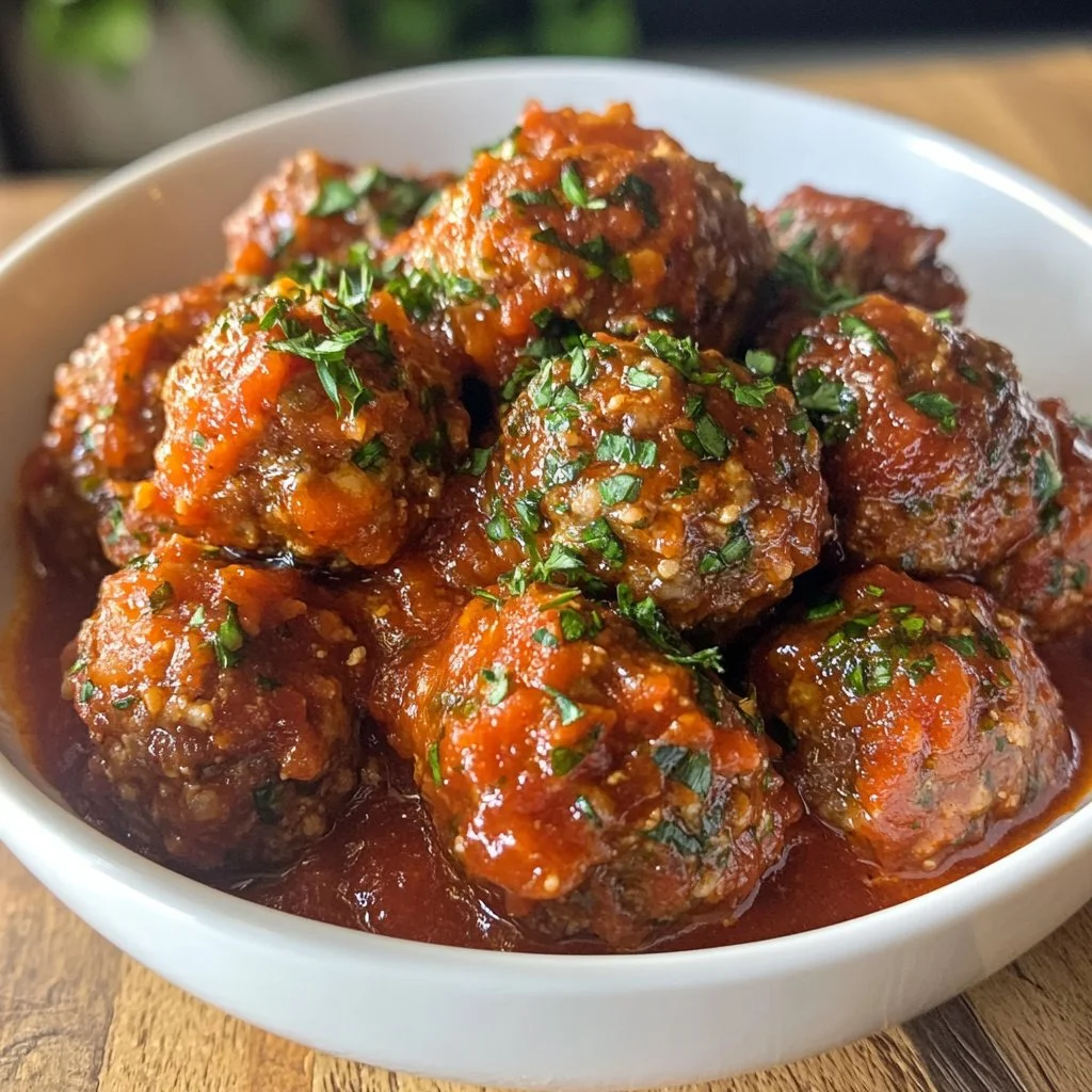 Plate of classic Italian meatballs with marinara sauce and herbs