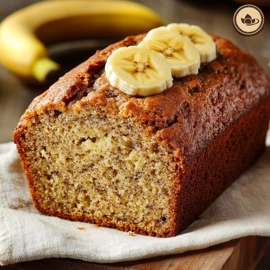 Freshly baked classic moist banana bread sliced on a wooden board
