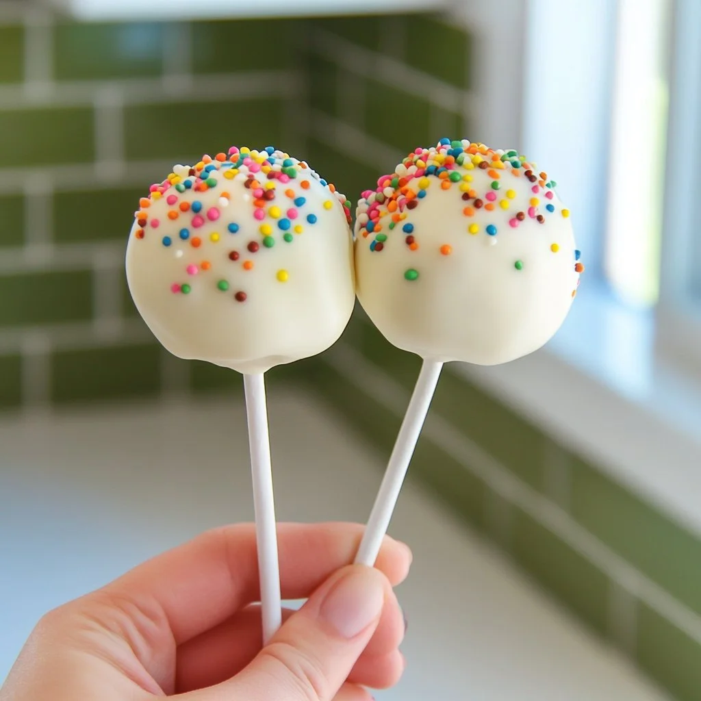 Colorful confetti cake pops decorated with sprinkles on a festive platter