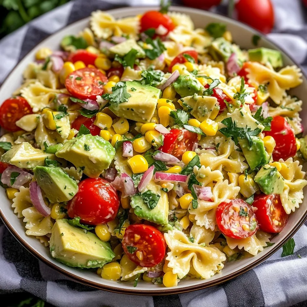 Delicious Corn and Avocado Pasta Salad in a bowl, featuring vibrant ingredients.