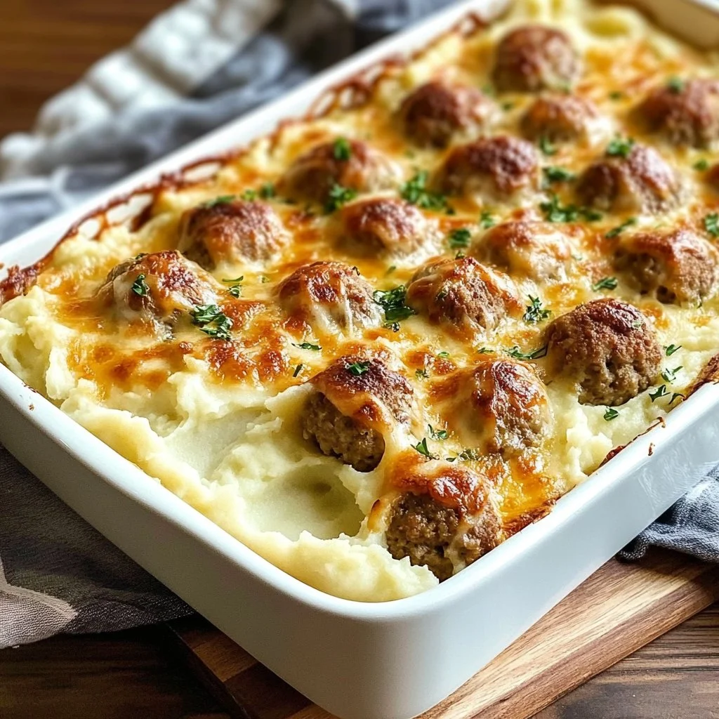 Cozy meatball and mashed potato bake served in a casserole dish.