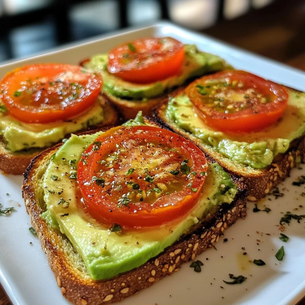 Creamy garlic tomato avocado toast canapés served on a wooden platter