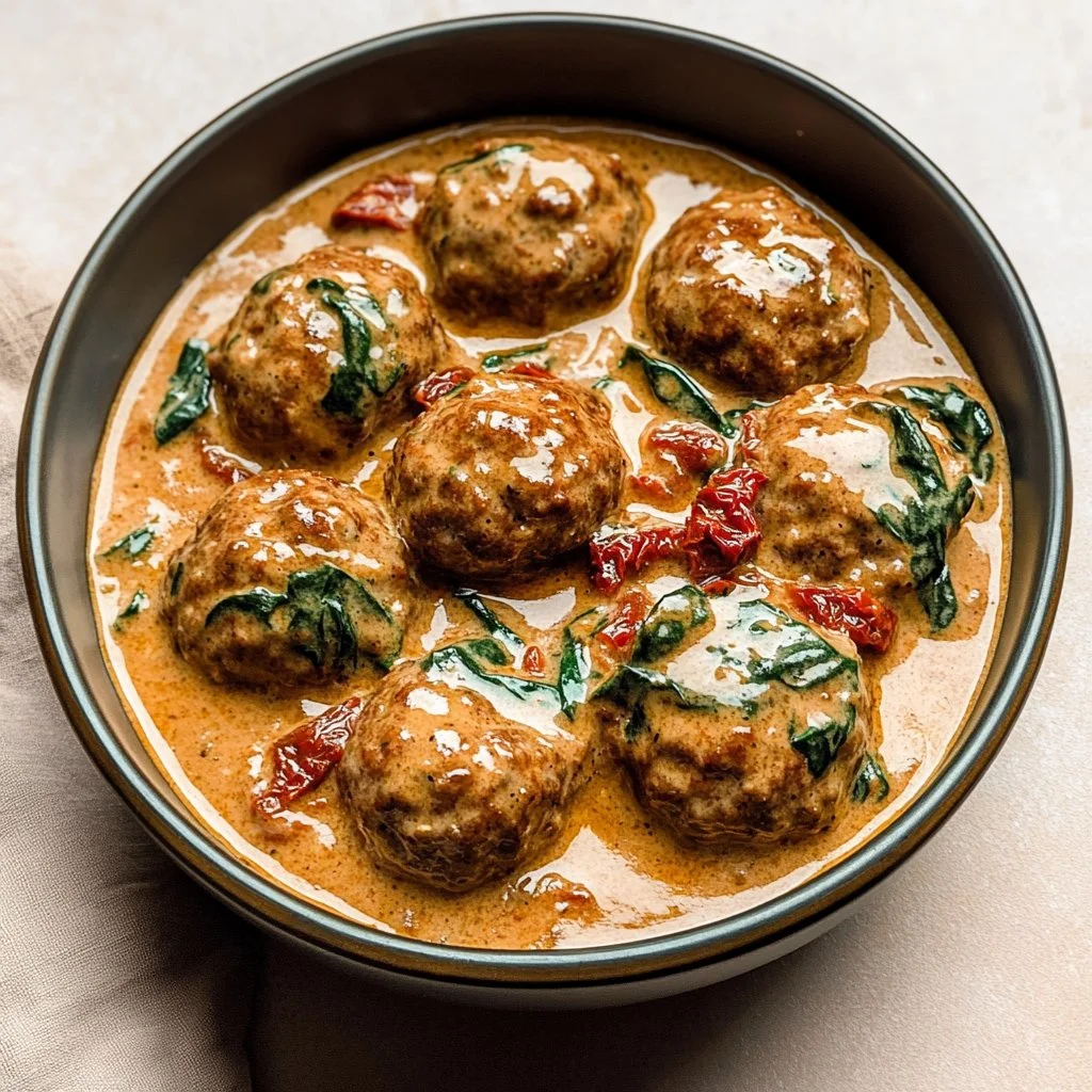 Creamy Tuscan low carb meatballs in a savory sauce