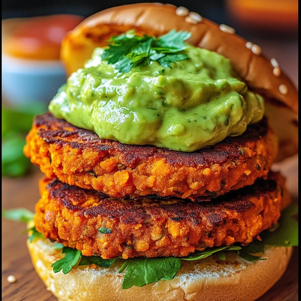 Crispy sweet potato and red lentil patties served with avocado cilantro sauce