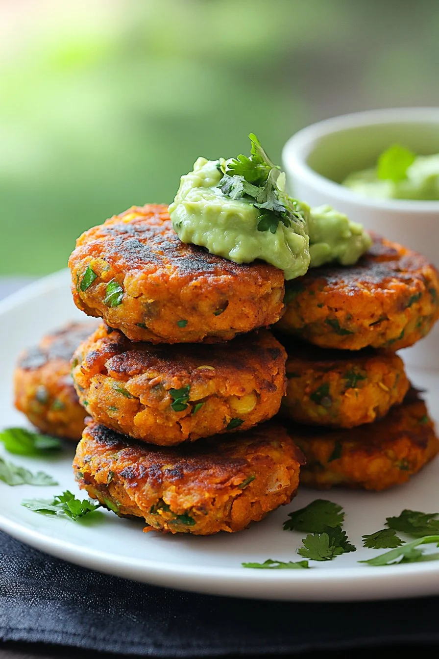 Crispy Sweet Potato and Red Lentil Patties with Avocado Cilantro Sauce