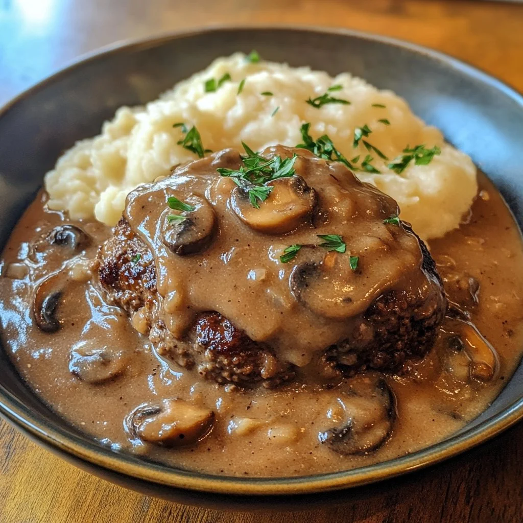Crock Pot Salisbury steak served with mushroom gravy on a plate